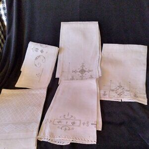 Collection of 5 Antique Ivory Linen and Embroidery Bureau or Table Scarfs